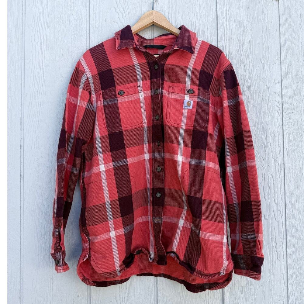 CARHARTT orange plaid heavyweight Rugged Flex 100% cotton flannel shirt jacket - Picture 2 of 8